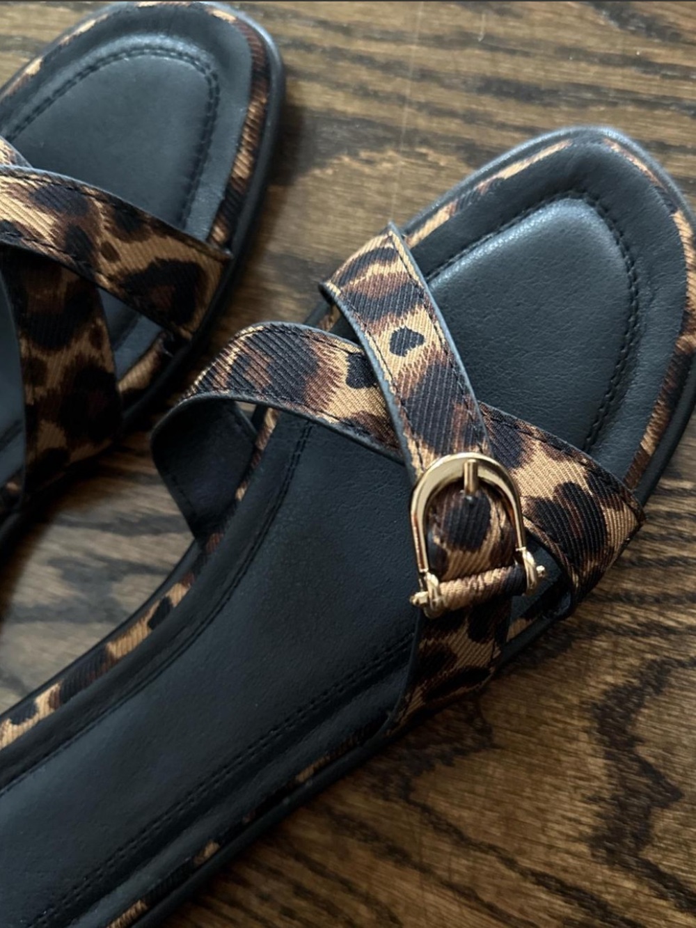 Leopard Print Slide Sandals with Gold buckle Accent - Women - Picture 2 of 2